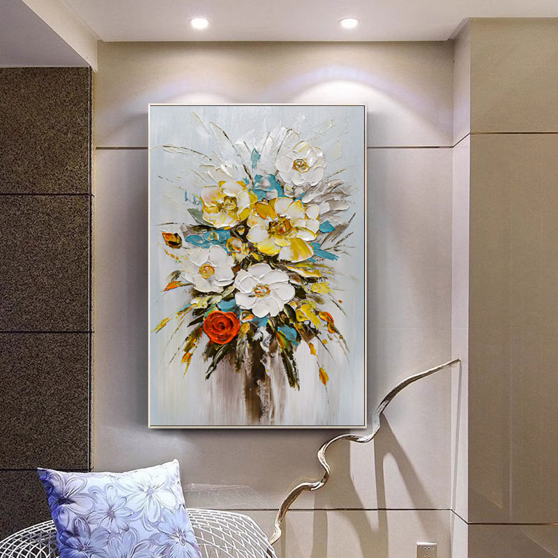手工花卉油画现代客厅装饰画玄关竖版抽象大挂画美式走廊餐厅壁画_智能 