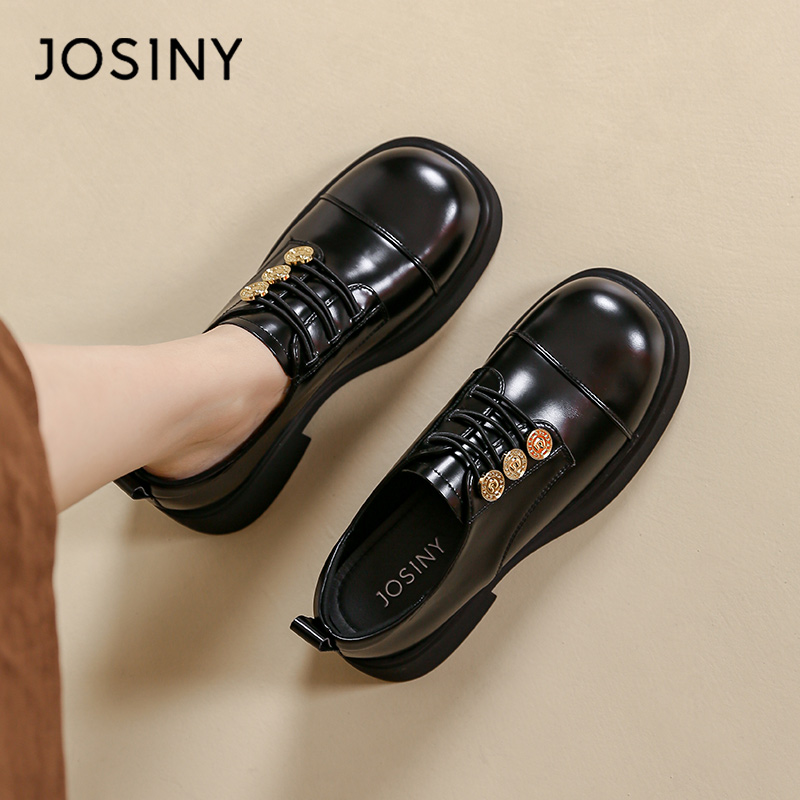 卓诗尼厚底小皮鞋女2023春季新款时尚圆头百搭法式系带黑色单鞋女