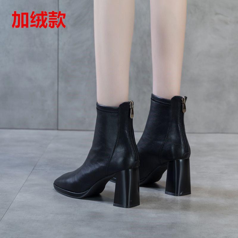 秋冬23新款软皮时尚短靴英伦风方头粗跟弹力瘦瘦靴女网红高跟女ZO