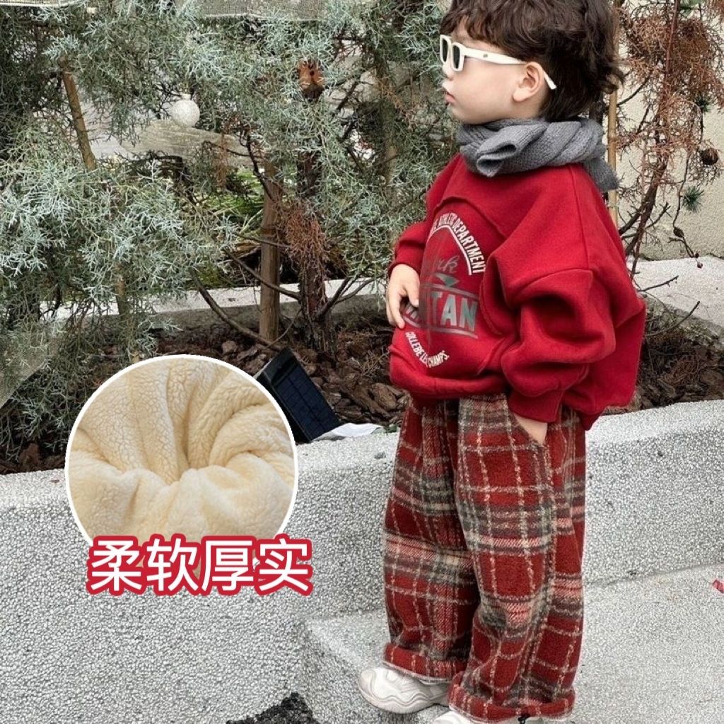 优选儿童复古时尚套装圣诞冬季中小童洋气红色卫衣格子裤男童套装