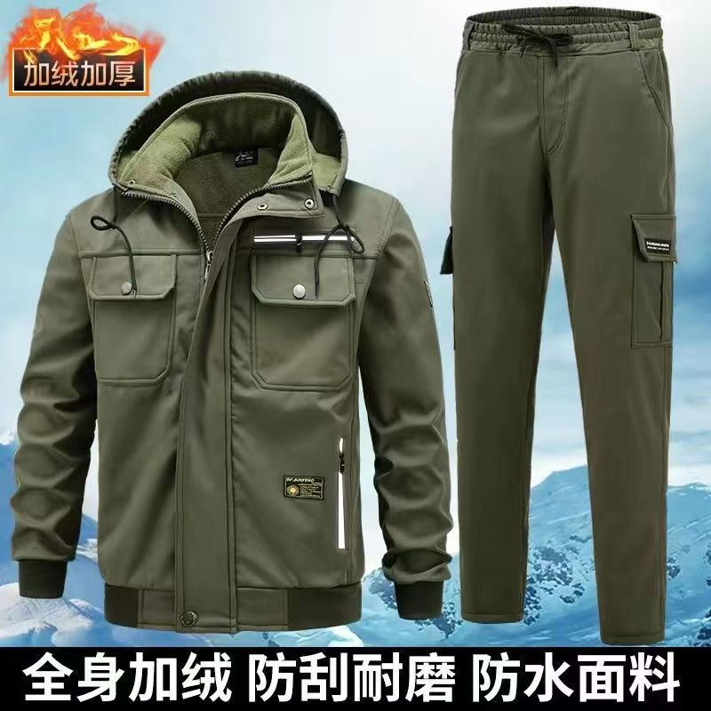 日系时髦冬季加绒工作服套装男加厚保暖防寒服防风防水户外工装潮