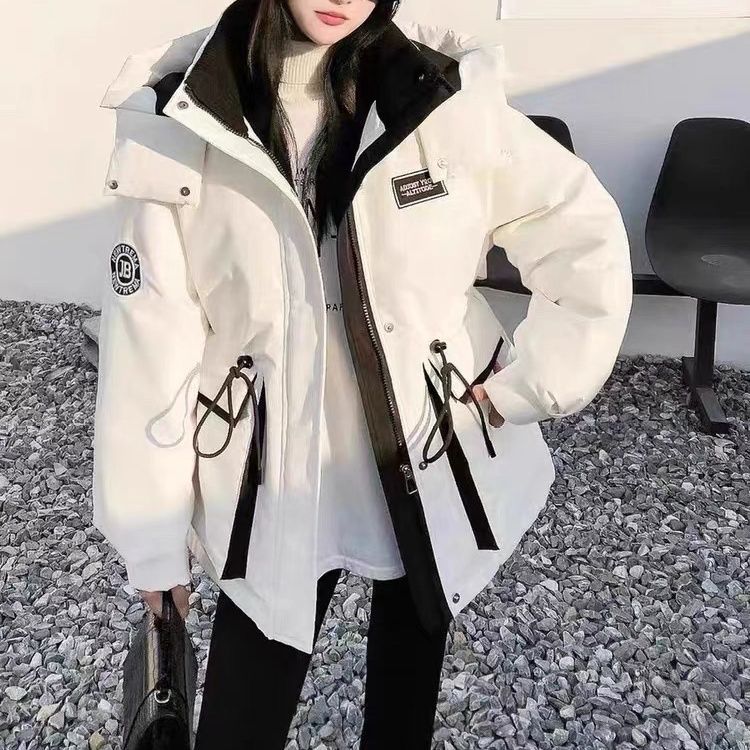 羽绒服冲锋衣加厚女2023潮流爆款宽松显瘦连帽粉色收腰派克服