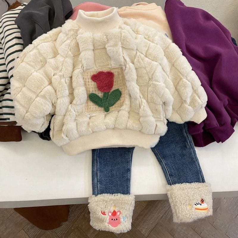 【双12活动】童装女童秋冬洋气花朵上衣宝宝加厚卫衣儿童加厚保暖