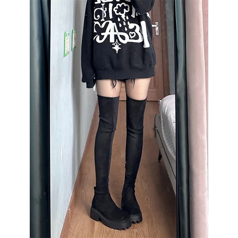 显腿长厚底高筒弹力瘦瘦靴子女骑士靴长筒靴过膝靴欧美长靴ins