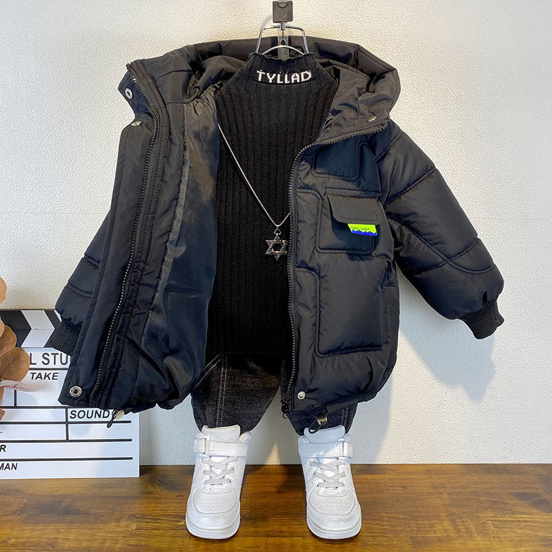 男童冬季中长款外套新款儿童加厚加绒服潮宝宝时髦加绒加厚外套