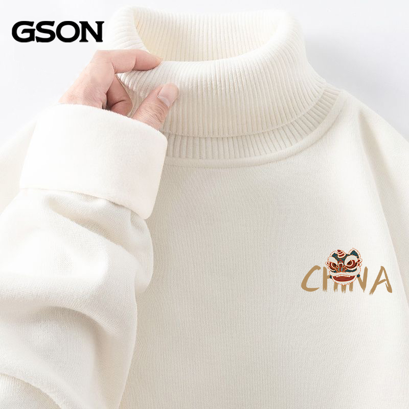 GSON中国风毛衣男生高级感国潮醒狮针织衫冬款亲肤加绒高领毛线衣