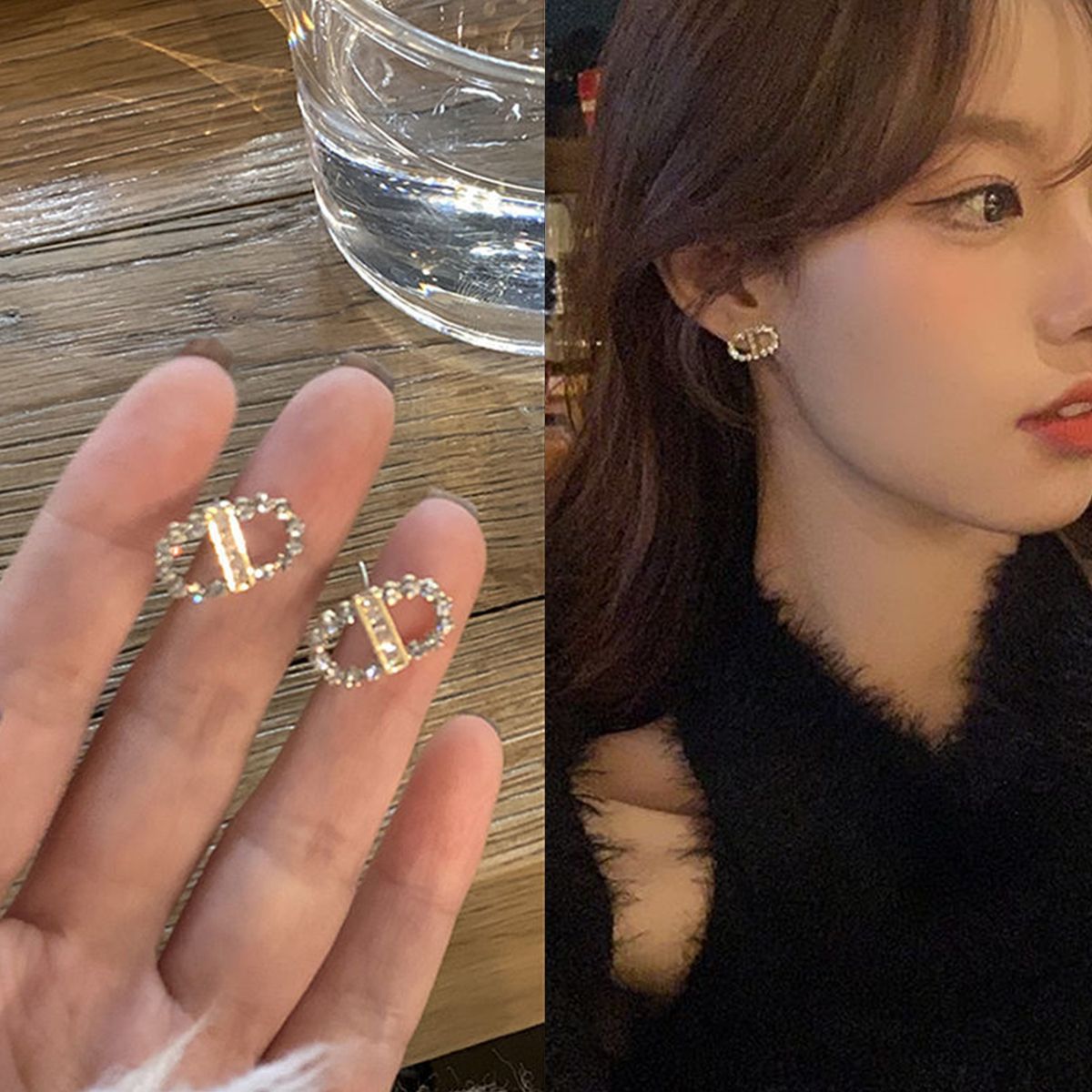 自留闪钻字母D耳钉潮女韩版小众设计气质高级感耳饰女
