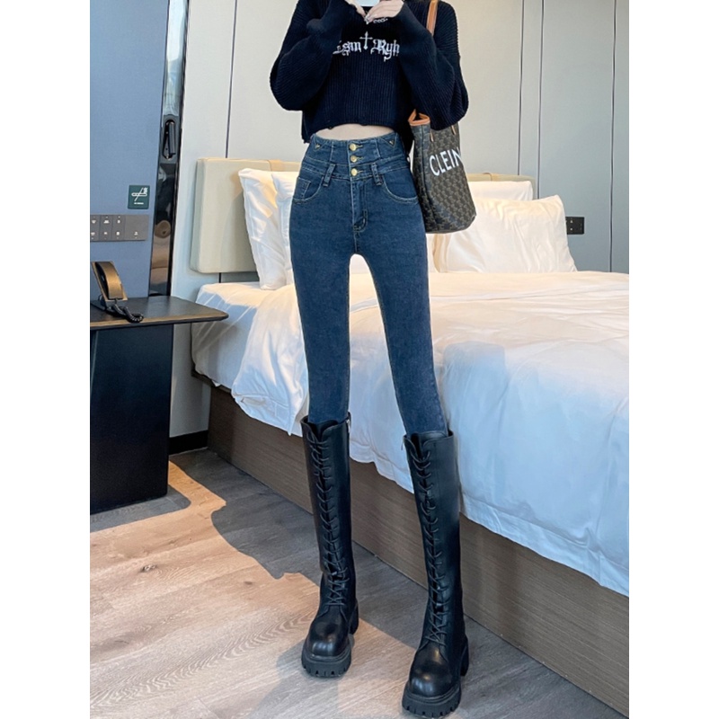 蓝灰色高腰加绒牛仔裤女2023秋冬新款修身显瘦美式紧身弹力小脚裤