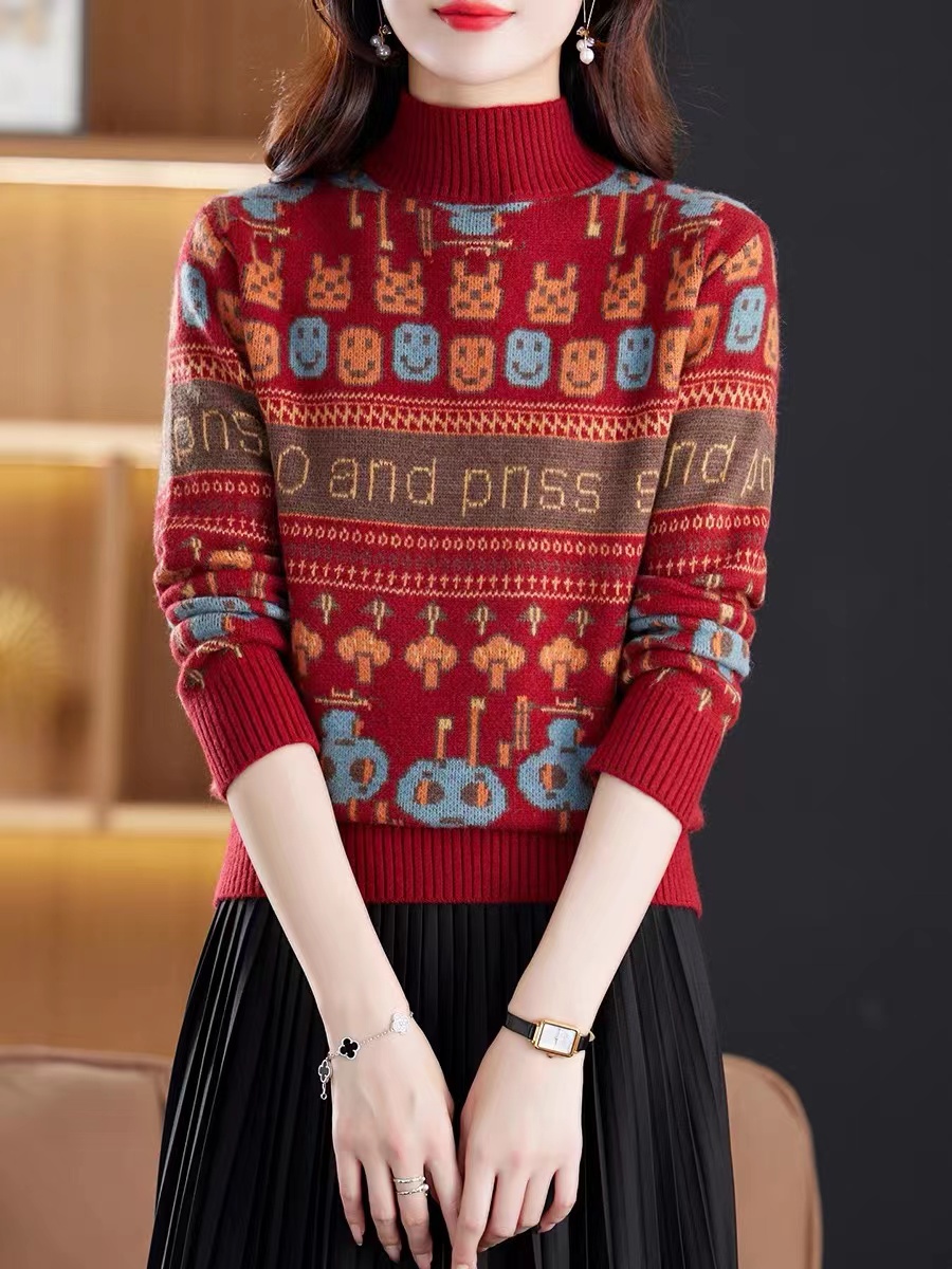 【羊装】100羊毛！新年款秋冬羊毛衫女提花针织本命龙年打底红色3040