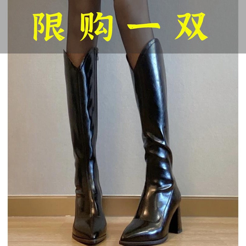 红蜻蜓牌推荐 瘦腿V口长筒靴女2023秋冬尖头高跟粗跟长靴高筒侧