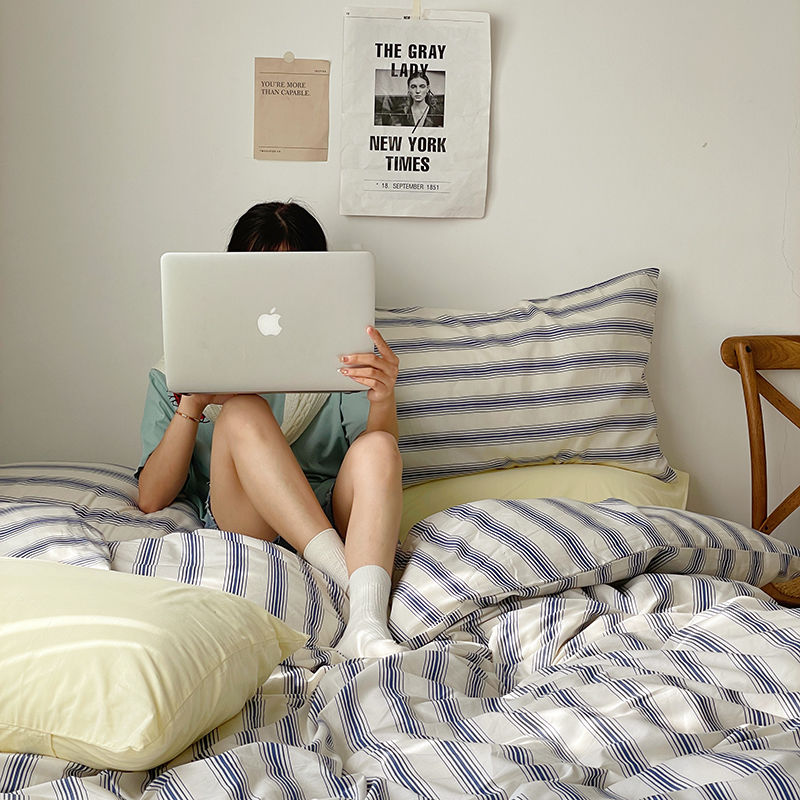 善居2023新款全棉40支13372ins简约条纹四件套msu三件套床单床笠