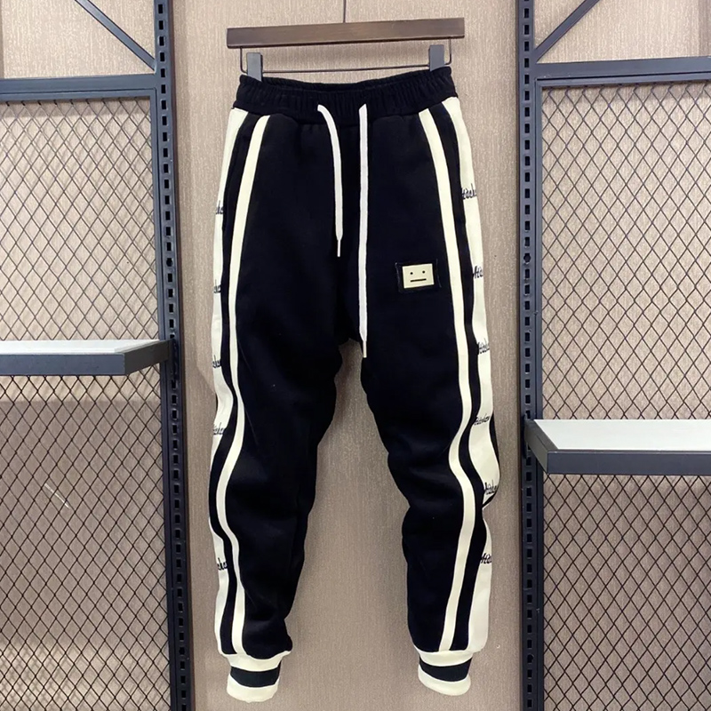 秋冬季加绒加厚运动卫裤男士拼接休闲裤潮牌痞帅炸街哈伦裤子男款
