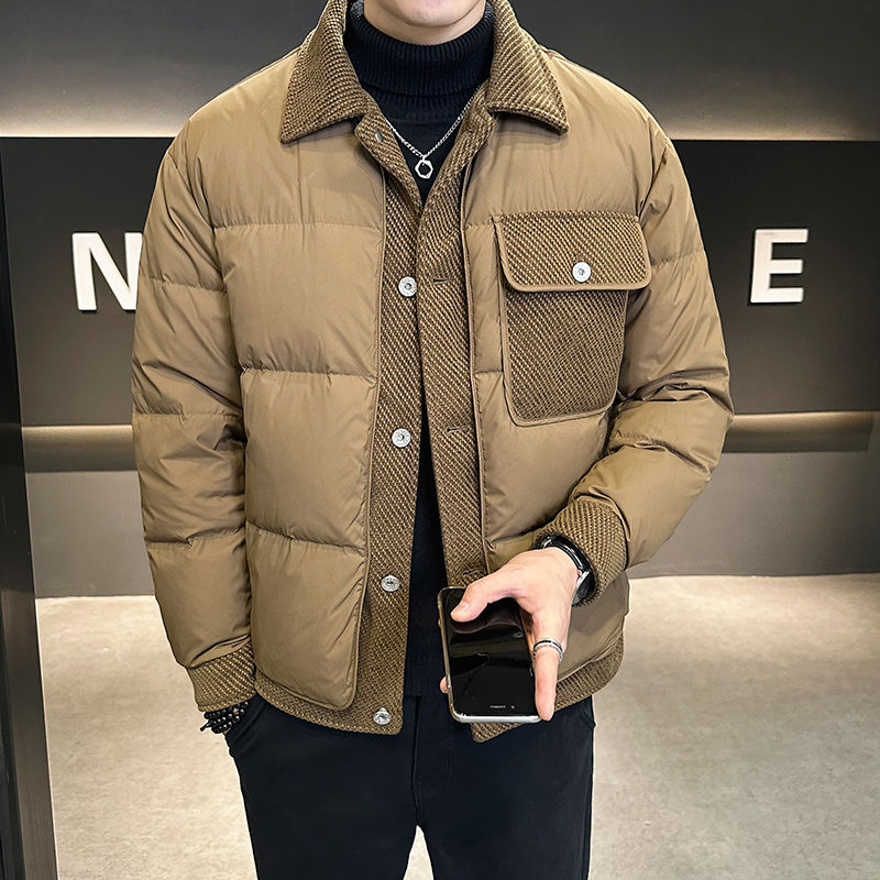 雪中飞高级感拼接羽绒服男士短款外套2023冬季新款轻薄保暖翻领男