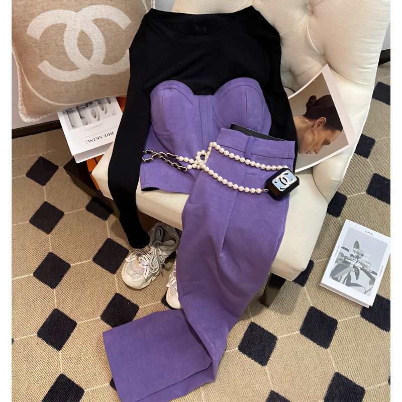 新款套装女小众设计早春新品拼接短款上衣休闲长裤洋气两件套