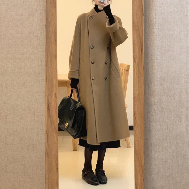 高级设计感棕色呢子大衣女秋冬装新款韩版小个子宽双面呢大衣春秋