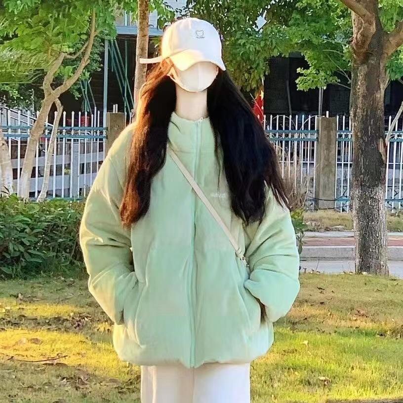 学院风绿色字母刺绣灯芯绒棉服外套女冬季韩系甜美加厚连时尚休闲