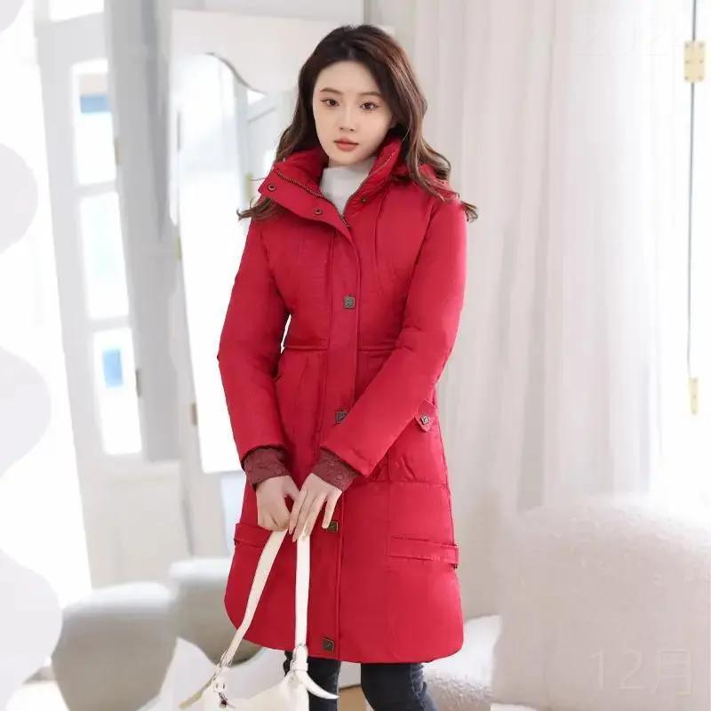秋秋冬季牌品服女中长新款秋冬季连帽加厚每个人红色洋气时尚