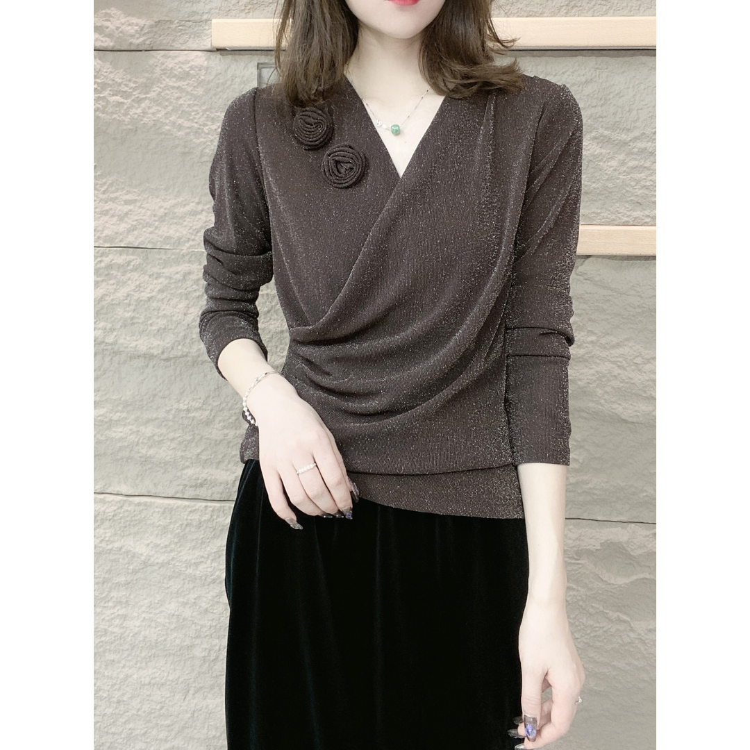 欧货气质立体花朵褶皱收腰设计v领长袖衬衫女2023秋季新款上衣