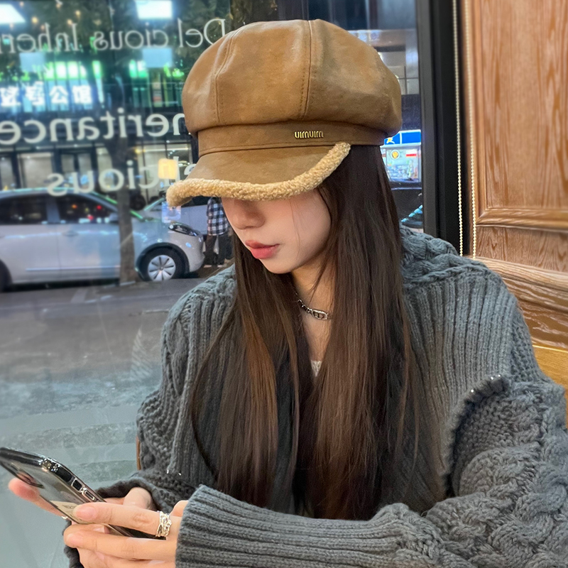 韩版潮牌英文pu皮八角帽女秋冬加绒保暖鸭舌帽时尚复古网红贝雷帽