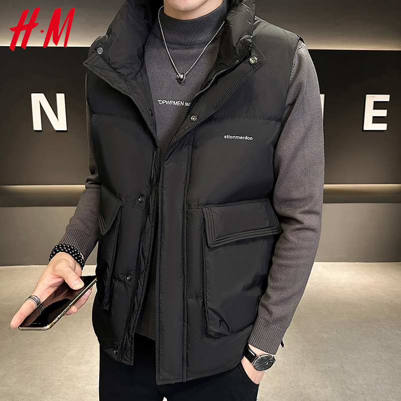 HM新款休闲羽绒马甲男女潮牌工装立领外套情侣鸭绒多口袋背心马夹