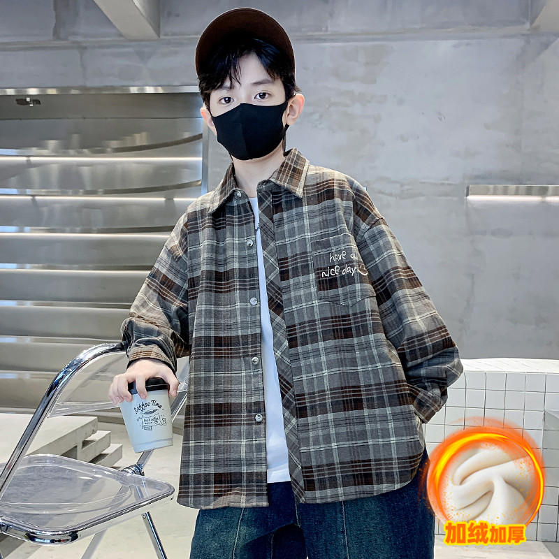 男童秋冬季加绒衬衫2023新款中大童洋气格子加厚衬衣儿童冬装外套