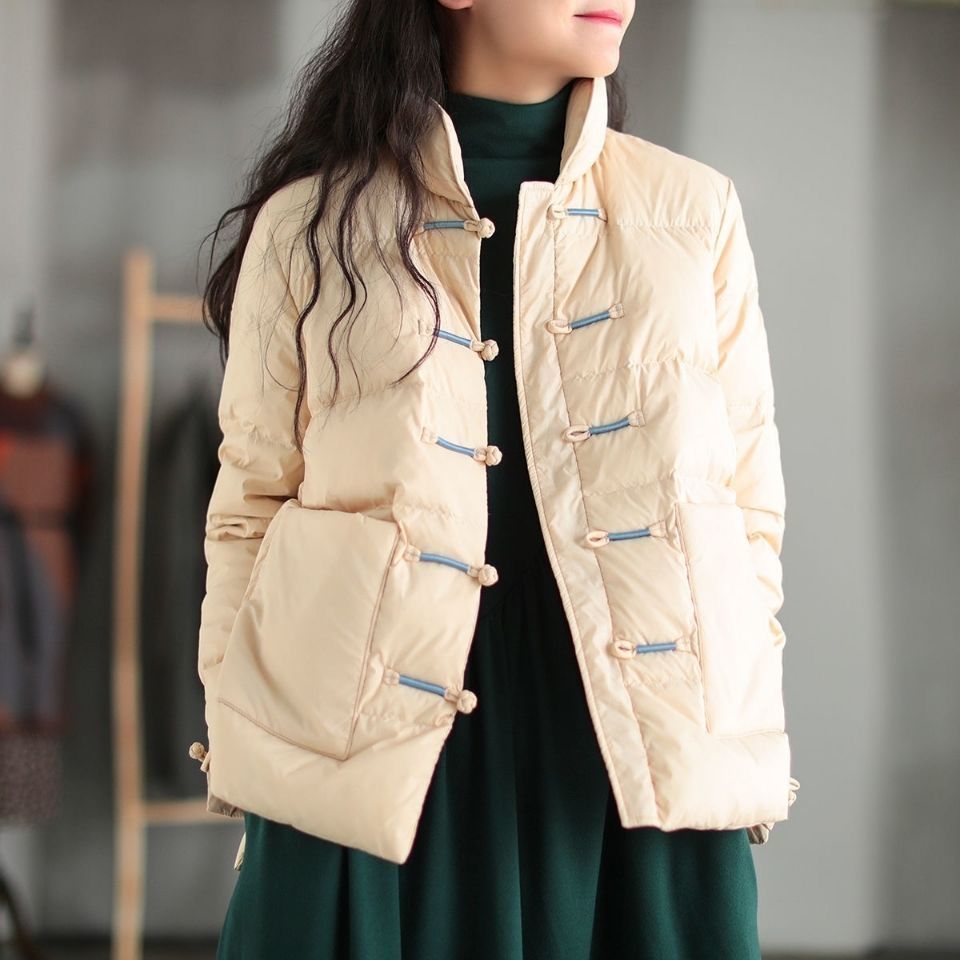 中国风复古盘扣羽绒棉轻薄款棉服女宽松大码加厚立领冬季棉