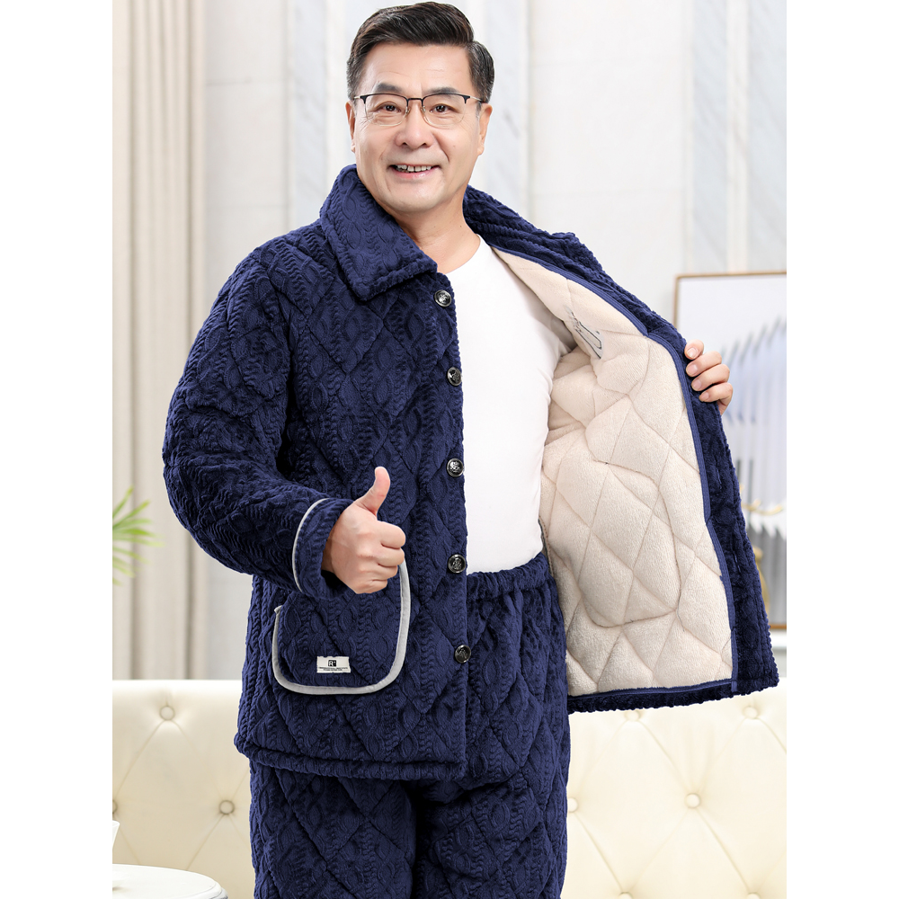 男士睡衣秋冬季三层加厚加绒珊瑚绒夹棉保暖中老年爸爸家居服套装