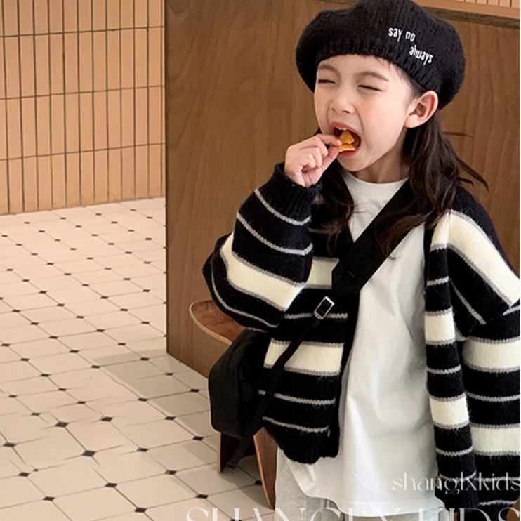 女童毛衣2023新款春秋季儿童韩版洋气条纹针织开衫小女孩百搭秋装