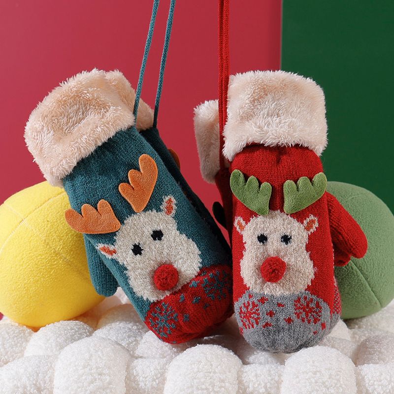 圣诞手套女冬季加绒可爱学生冬天保暖骑行骑车加厚防寒连指挂脖潮