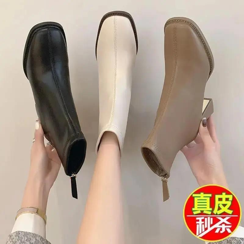 红蜻蜓牌真皮马丁靴女2023秋冬新款粗跟百搭方头时尚加绒高跟短靴