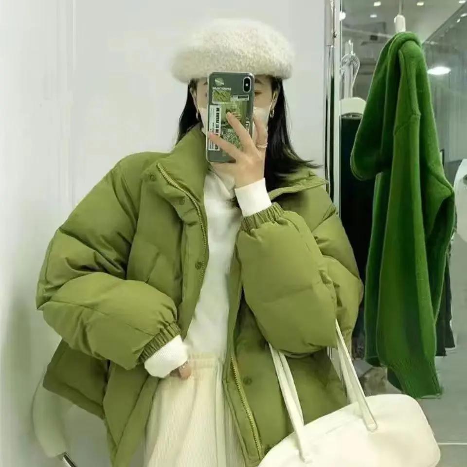 显白牛油果绿拉链面包羽服女冬季小个子加厚保暖衣外套上衣款