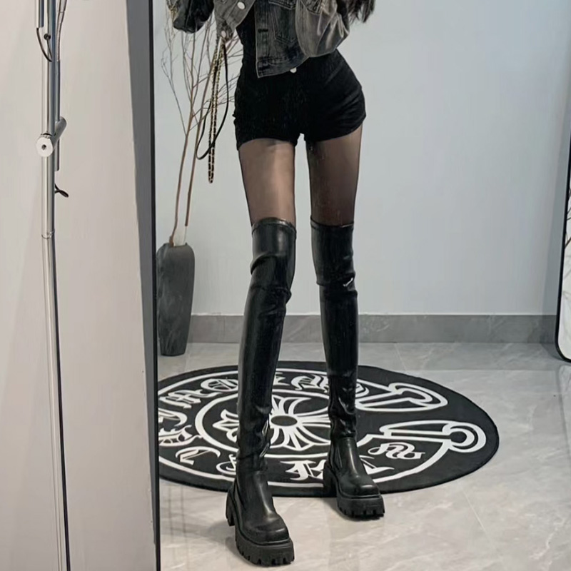 达芙妮沿荐方糖过膝长靴女2023秋冬新款弹力高筒皮靴厚底瘦瘦靴骑