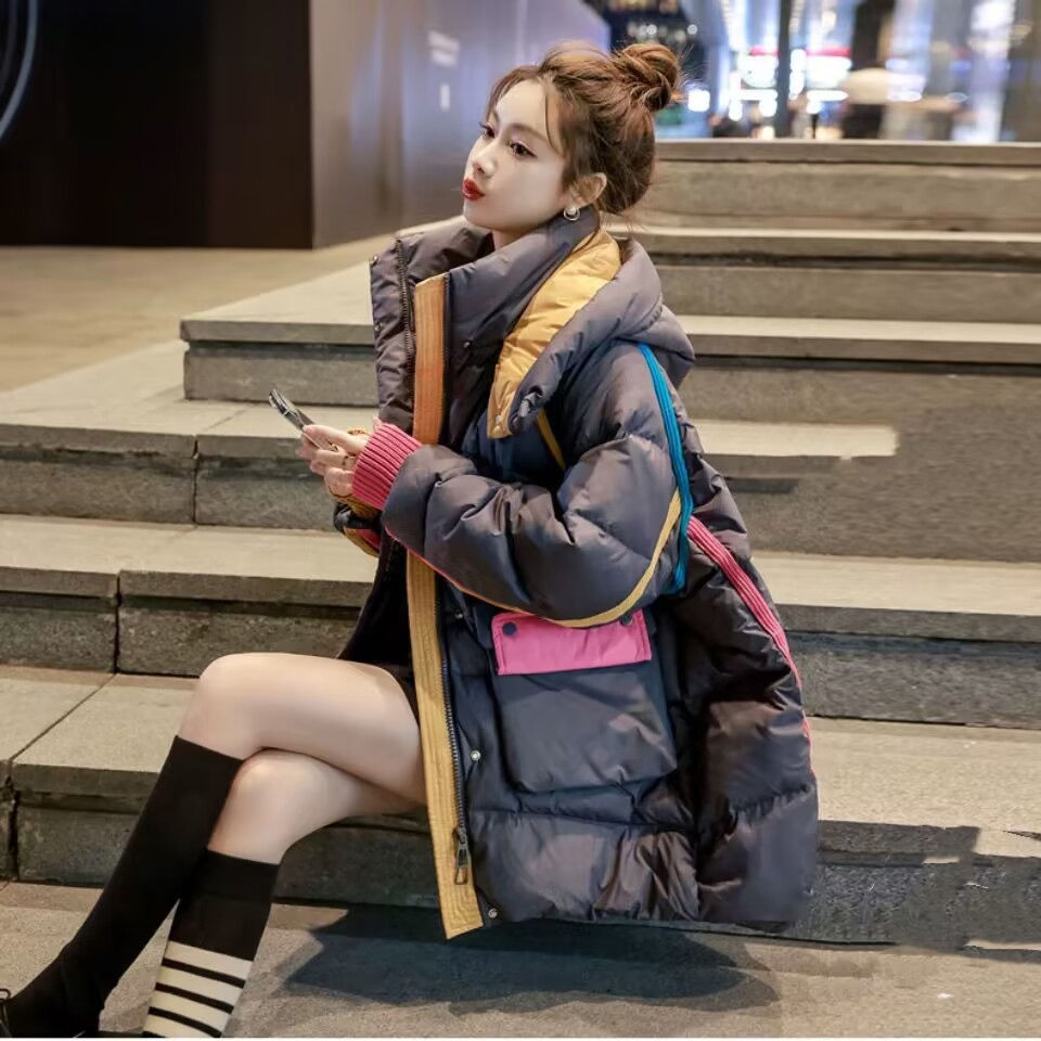 清廷心羽绒服女2023年冬季新款拼色宽松中长款小众设计感加厚潮流
