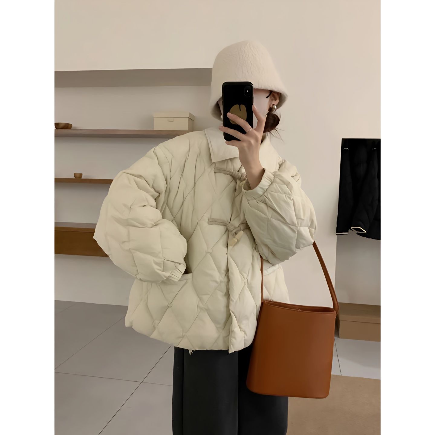 牛角扣菱格羽绒服女2023冬新款韩版小个子宽松加厚保暖棉衣外套款