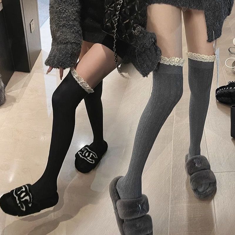 鸿长筒袜女秋冬加厚蕾丝花边针织过膝袜日韩显瘦纯欲风高筒袜学生