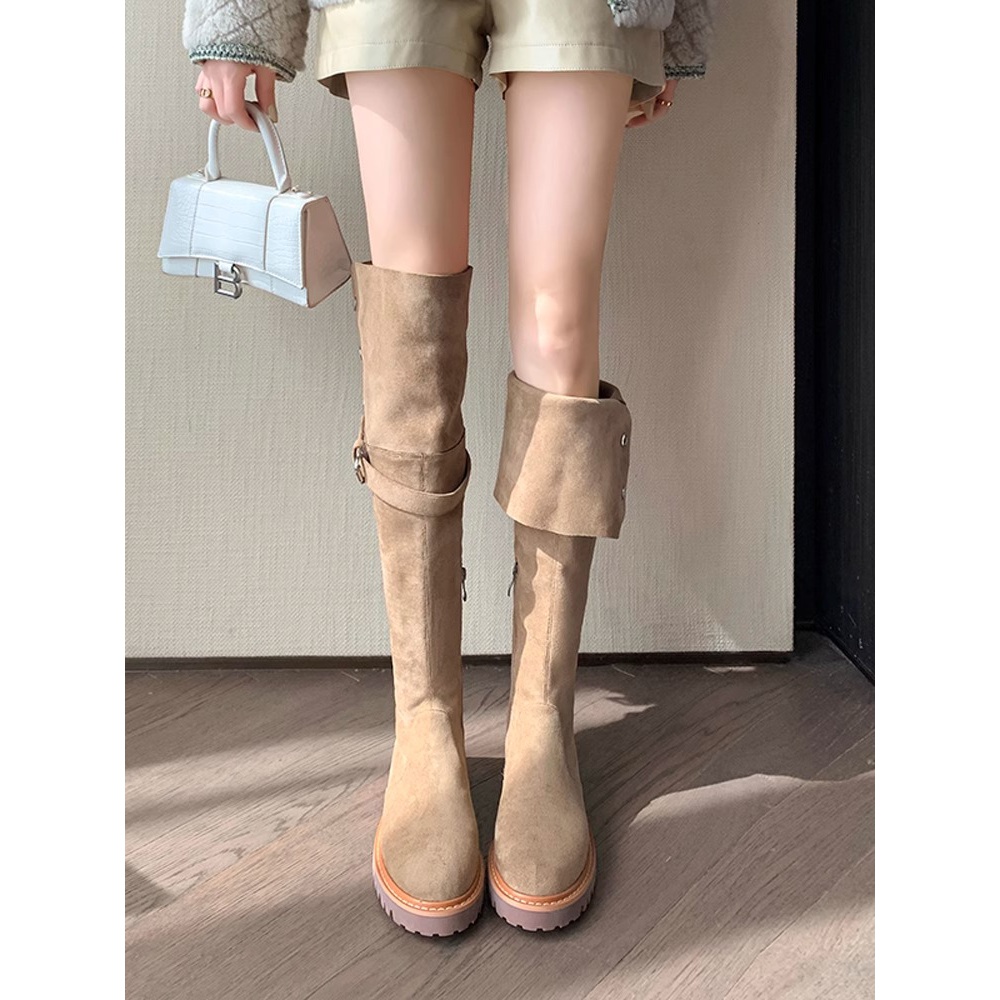厚底高筒靴棕色两穿麂皮绒高筒靴粗跟过膝长靴高筒雪地靴女