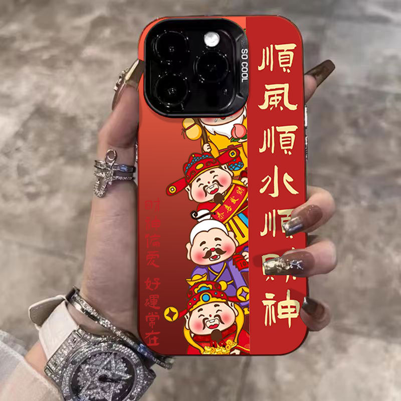 顺风顺水顺财神苹果13手机壳iPhone15酒红14plus防摔12promax大孔
