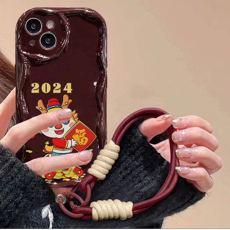 奶油纹挂绳2024龙抱福适用华为oppo荣耀vivo苹果13手机壳14酒红15
