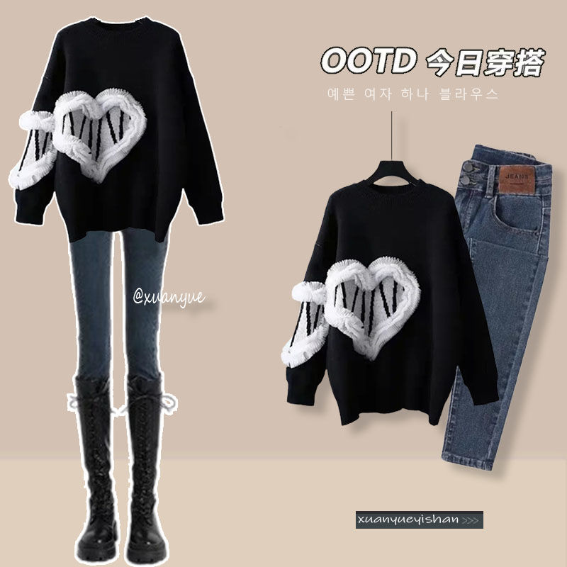 大码女装秋季套装女2023新款时尚宽松遮肚毛衣高腰牛仔裤两件套潮