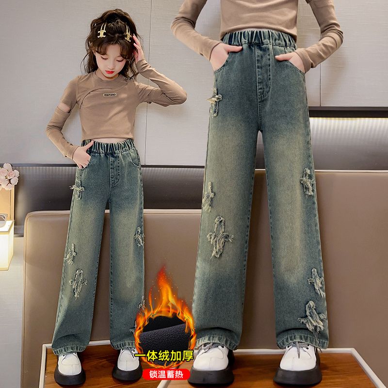 新品巴拉巴拉女童加绒裤子秋冬外穿小学生一体绒加厚牛仔裤大童冬