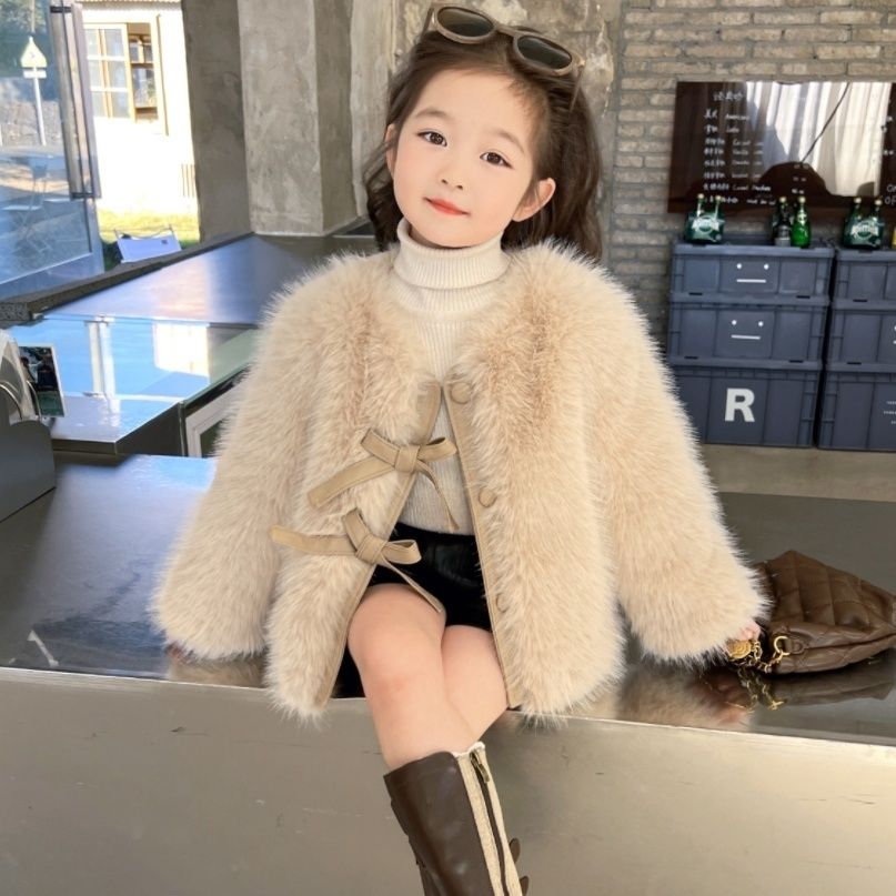 新品巴拉巴拉2023新款宝宝女童外套仿毛绒毛毛衣儿童蝴蝶结洋气毛