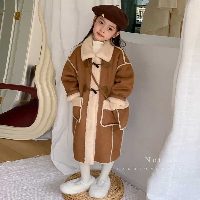 女童外套秋冬装2024新款秋冬季儿童加绒中长款小女孩洋气加厚大衣