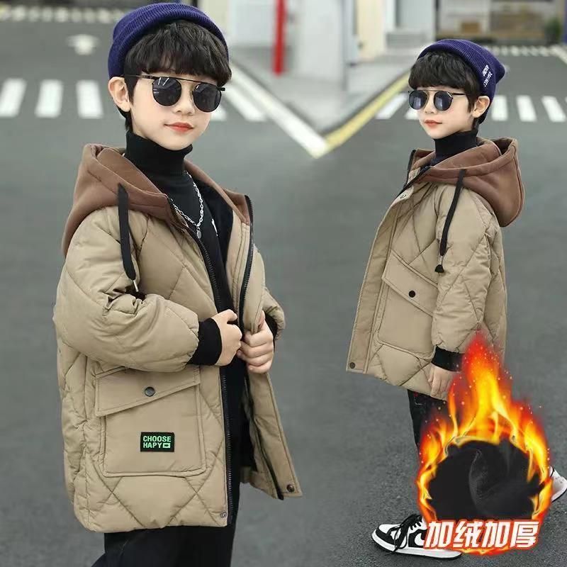 男童加绒加厚棉服2023新款中大童中长款棉衣韩版洋气儿童连帽棉袄