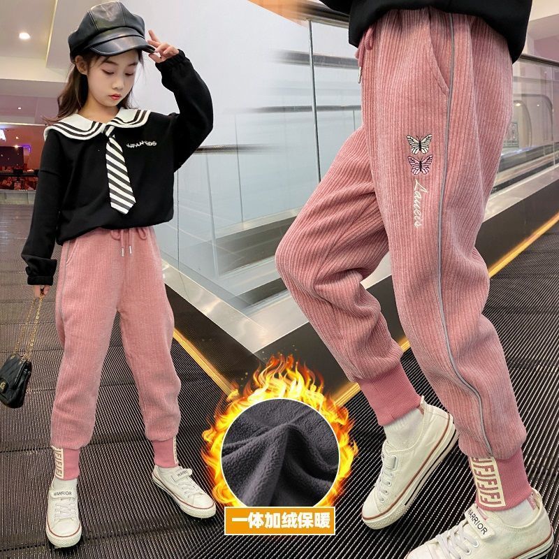 女童裤子2023秋冬季新款灯芯绒裤女孩加绒加厚保暖裤儿童棉裤洋气