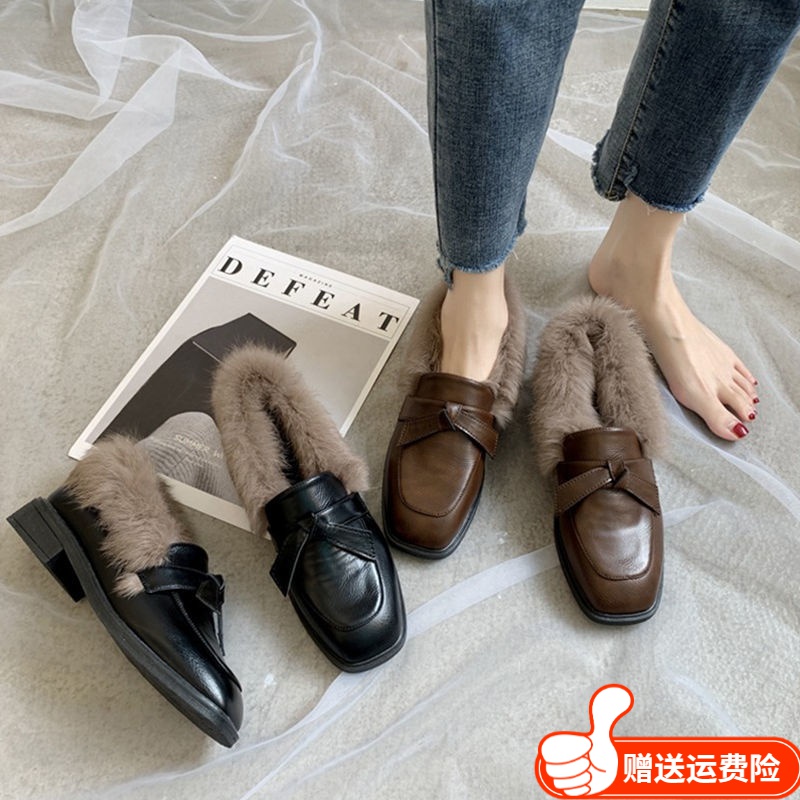 红蜻蜓牌英伦风豆豆鞋女冬加绒一脚蹬秋冬平底毛毛鞋外穿百搭皮鞋