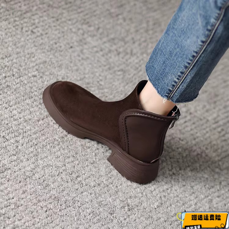 红蜻蜓牌英伦风磨砂短靴女厚底2023秋冬新款软皮翻毛皮马丁靴粗跟