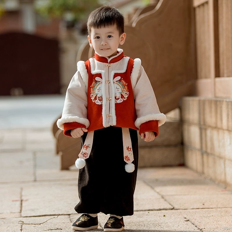 男童宝宝少爷服周岁礼服龙年拜年服唐装儿童汉服冬季加绒加厚套装