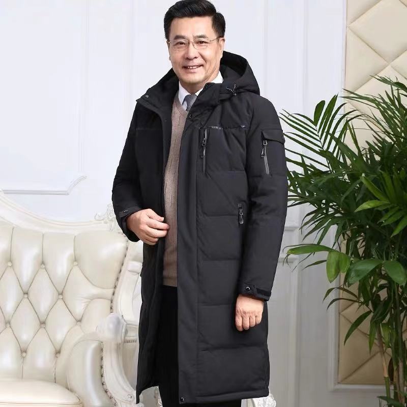 鸭鸭2023新款中老年羽绒服男加厚长款过膝外套老人冬装中年连帽爸