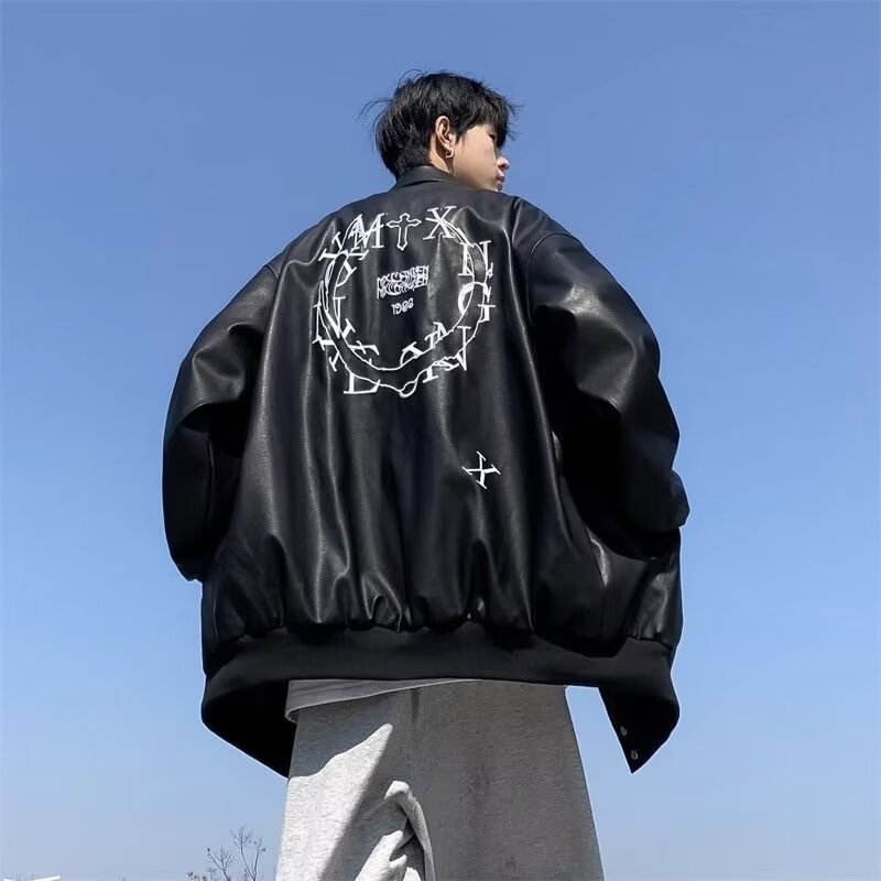 美式高街新款皮衣棒球服秋季街头嘻哈皮刺绣机车夹克外套百搭
