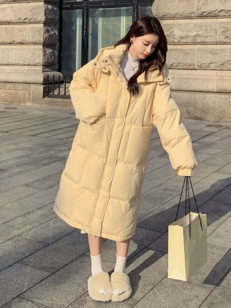 羽绒服女中长款2023冬季新款连帽加厚过膝小个子外套面包服奶